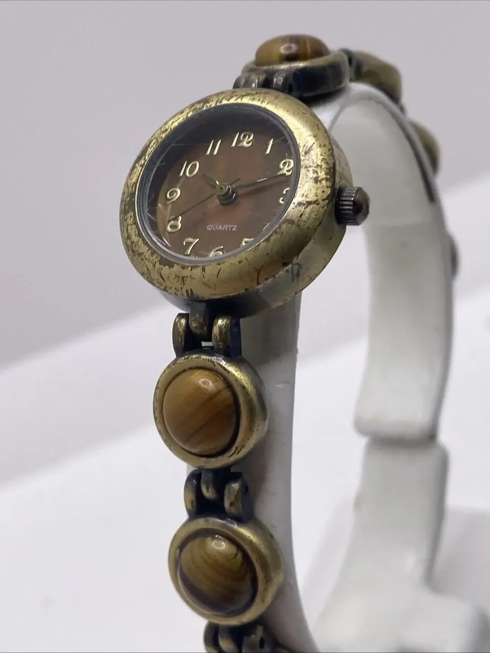 Vintage Brass Tone Tiger Eye Womens Watch New Battery